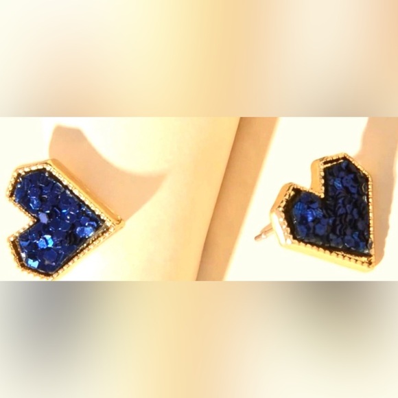 “Blue Sequin Heart” Dainty Tiny Mini Gold Love Valentines Sparkly Romance Studs - Picture 7 of 11